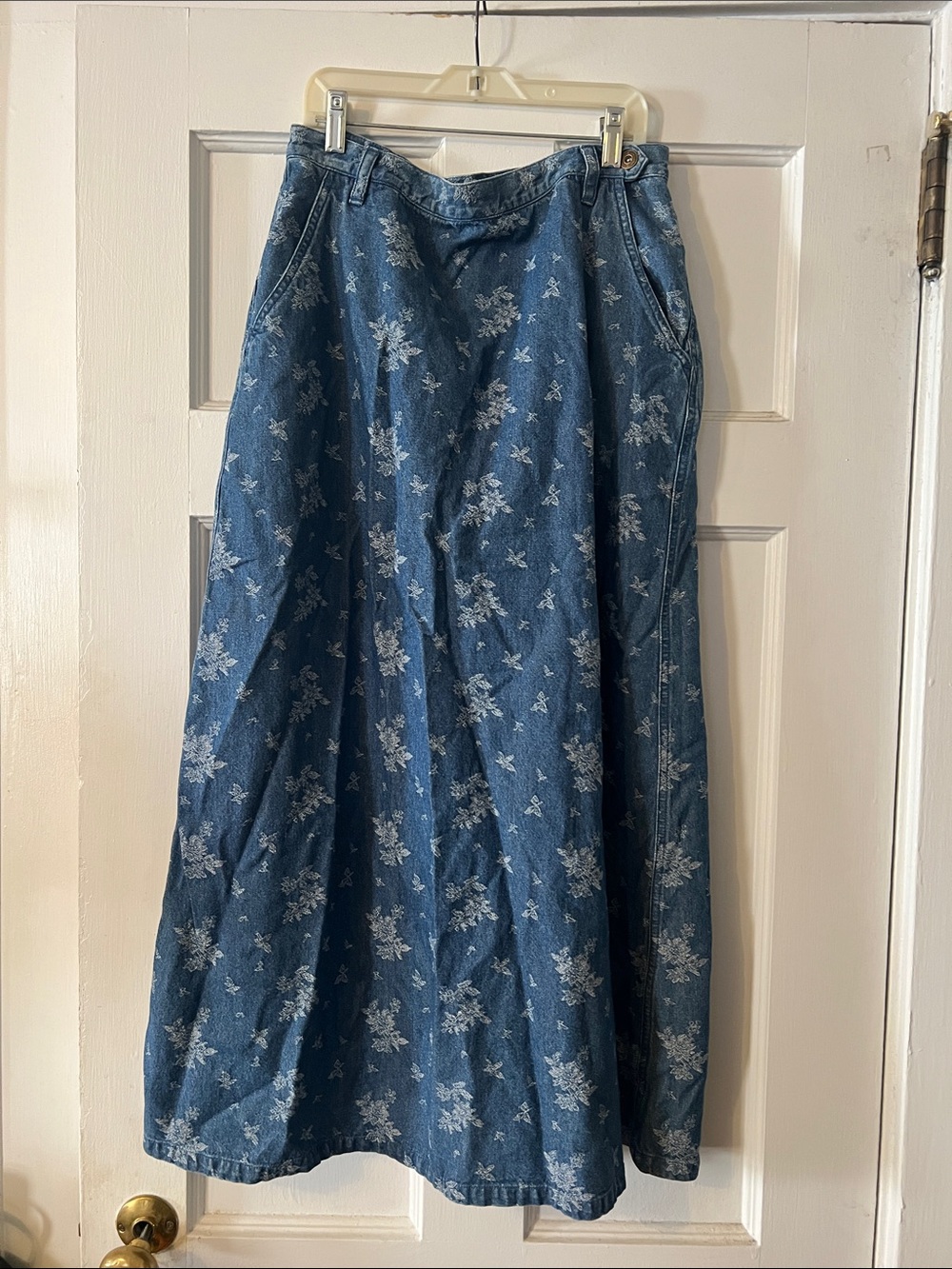 Vintage Liz Claiborne Blue Denim Maxi Skirt with White Floral Print